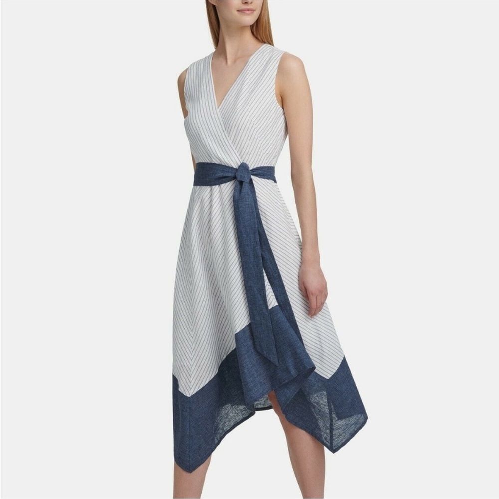 Dkny Striped Asymetric Hem Linen Belted Dress Sz 2